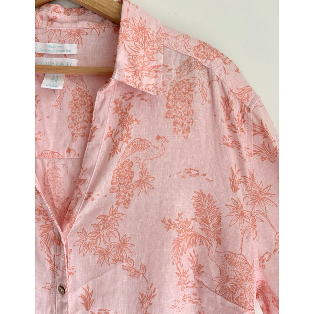 Cynthia Rowley Boxy Linen V-neck Button Up Top Peach Pink Toile Floral Size 1X - Picture 3 of 11